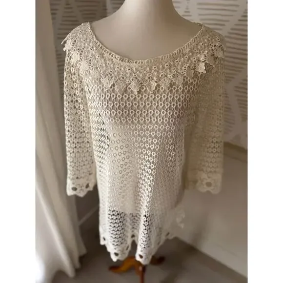 Small Cream Lace Knit Croquet Coastal Grandma Dress Overlay or Swim Coverup - Picture 2 of 7